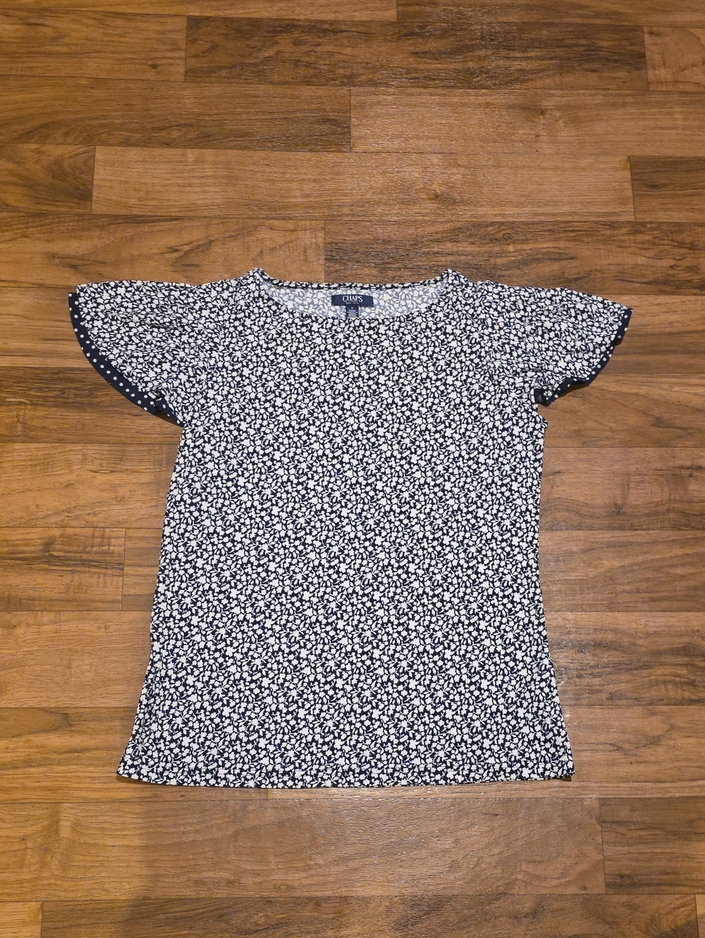 Chaps Navy and White Floral Flutter-Sleeve Tee